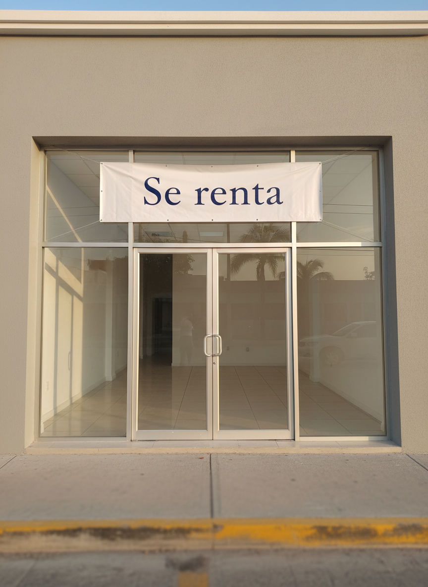The facade of a clean, recently renovated commercial local in Quintana Roo, with a wide glass storefront, aluminum framing, and a neutral light-gray exterior wall. A simple yet sophisticated "Se renta" banner hangs above the entrance, printed on a taut white canvas with dark blue, professional typography. The interior, visible through the glass, shows an empty, freshly painted space with polished tile floors and recessed ceiling lights turned off for a natural look. Soft, late-afternoon daylight reflects gently on the glass, with subtle street details blurred in the background. Photographic realism at eye level, centered composition, projecting professionalism, readiness for business, and legal certainty in leasing.
