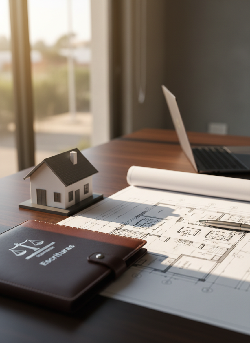 A carefully arranged office desk in a modern real estate agency, showing a detailed architectural floor plan spread across a dark wood surface, beside a closed, embossed leather folder stamped with a subtle silver scale-of-justice icon and the word "Escrituras". A small model house with clean lines and neutral colors sits near a high-quality metal pen and a laptop slightly out of focus. Soft, diffused daylight from a nearby window illuminates the scene, casting gentle, professional shadows. Photographic realism, close-up composition with shallow depth of field, creating a focused, trustworthy mood that emphasizes legal advice, due diligence, and secure real estate transactions in Mexico.