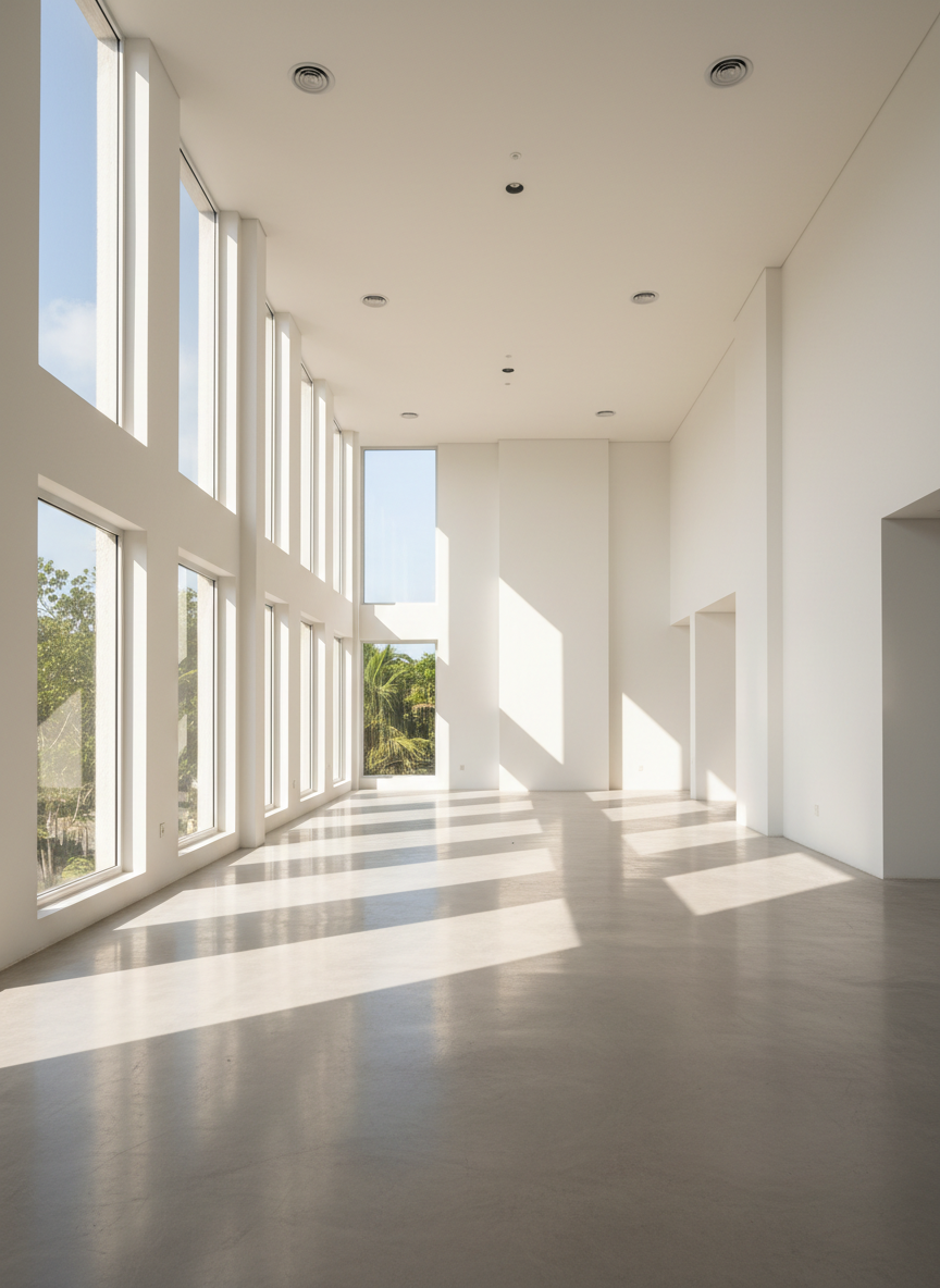 A spacious, sunlit interior of a shell-condition commercial space suitable for an office or retail store in Quintana Roo, with high ceilings, smooth white walls, and large rectangular windows along one side. The polished light-gray concrete floor reflects the soft midday natural light entering through the windows, revealing a clean, open-plan layout. Electrical and air conditioning points are discreetly integrated into the ceiling, suggesting readiness for customization. Photographic realism, captured with a wide-angle lens at eye level, maintaining straight vertical lines and a balanced composition that communicates opportunity, flexibility, and a solid legal foundation for future business tenants or investors.