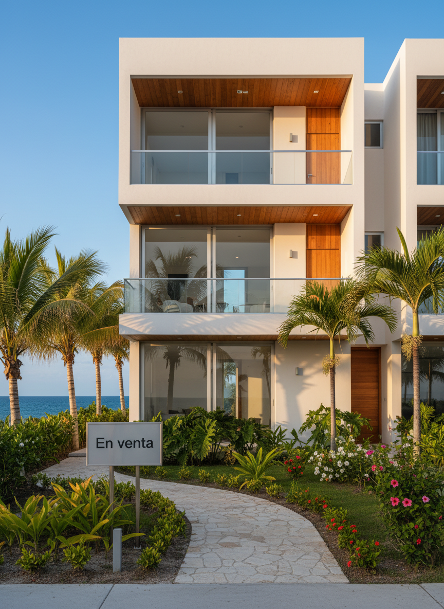 A modern, three-story residential building with white stucco walls, large floor-to-ceiling glass windows, and warm wood accents on balconies, set in a lush coastal neighborhood in Quintana Roo. The landscaped front garden features trimmed tropical plants, a stone pathway, and a discrete "En venta" sign on a sleek metal post. Soft golden hour sunlight bathes the facade, creating gentle shadows under each balcony and reflections in the glass. Photographic realism at eye level with a wide-angle lens, sharp focus throughout, and a clean, professional composition that feels calm, trustworthy, and inviting, ideal as a hero image for a professional real estate agency site focused on certainty and legal security.
