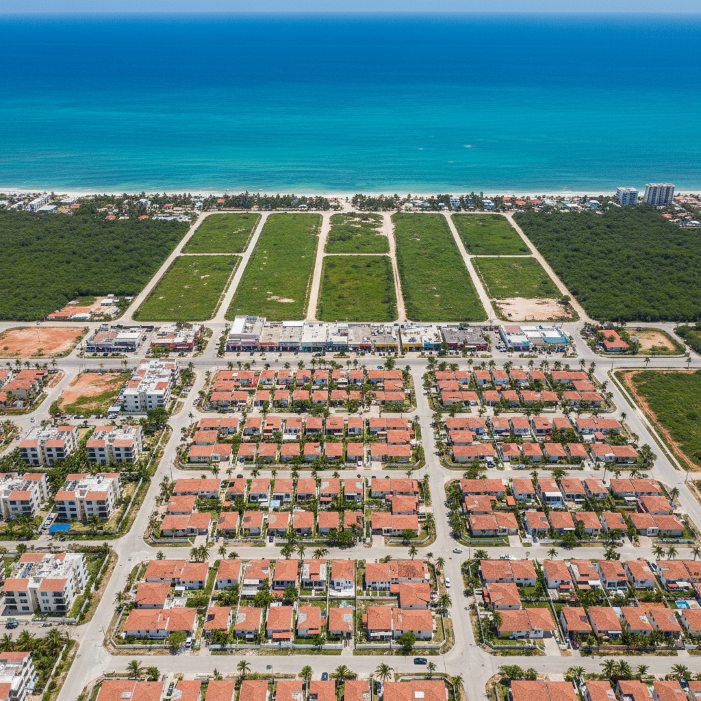 A panoramic aerial view of a coastal area in Quintana Roo at midday, showing a clear distinction between residential zones with neatly arranged houses, a small cluster of low-rise apartment buildings, commercial strips with identifiable locales, and green, subdivided lots intended for development. The Caribbean Sea shimmers in the background with vibrant turquoise tones, while paved roads form an orderly grid. Bright, even sunlight illuminates the scene, revealing boundaries and lot lines clearly. Photographic realism from a high drone perspective, sharp focus and natural colors, conveying opportunity, growth, and structured urban planning, ideal for illustrating land, commercial properties, and investment regions offered by a professional real estate agency.