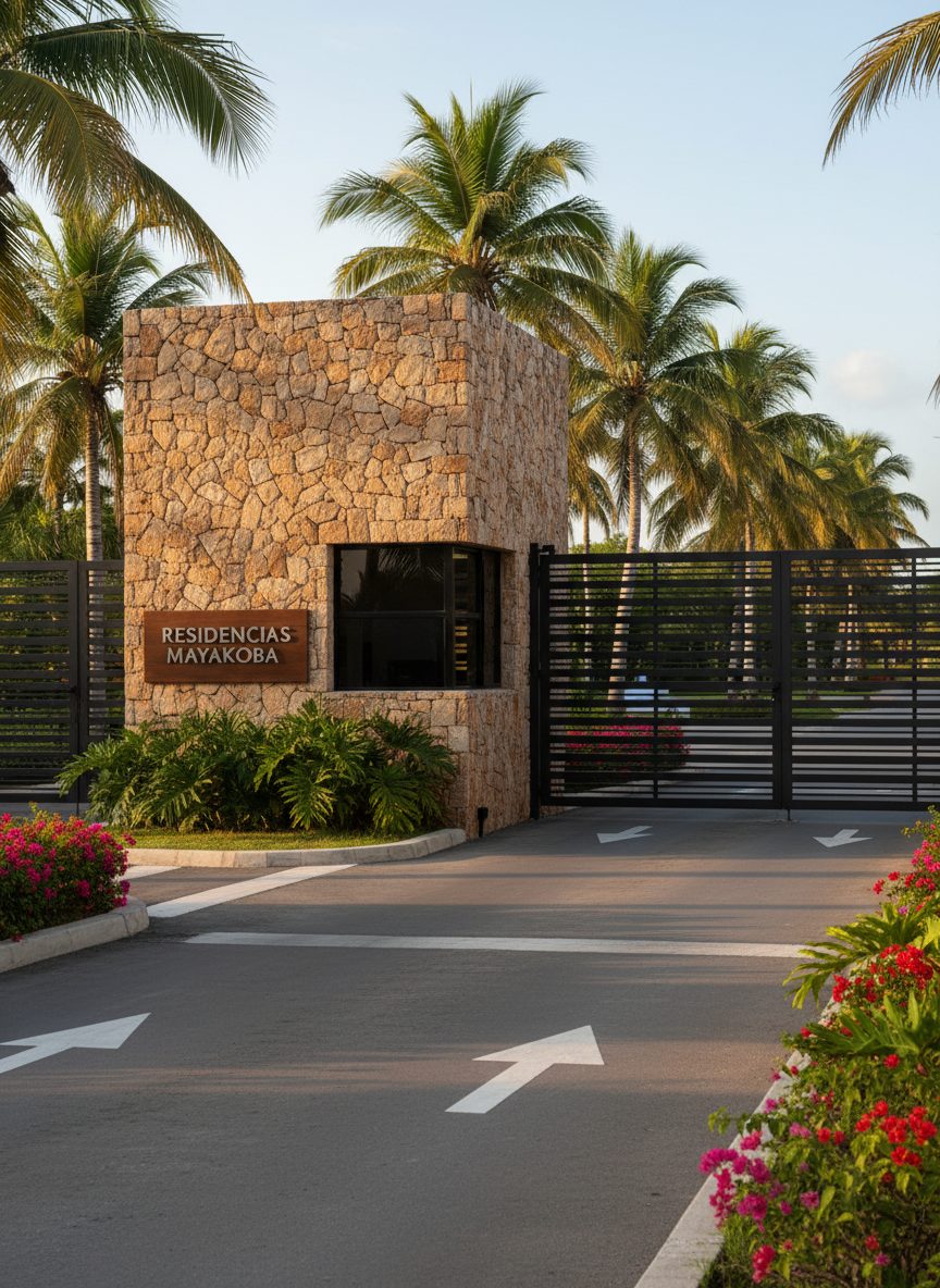 A tranquil gated residential entrance in Quintana Roo, featuring a robust stone-clad guardhouse structure, a wide metal gate with horizontal slats, and a discrete, elegant sign bearing the development’s name in brushed steel letters. Lush tropical landscaping with palms and flowering shrubs flanks the driveway, which has clearly marked lanes and a smooth surface. Warm, early evening light casts long, gentle shadows and a golden tone over the stone textures. Photographic realism from a slightly low angle, with balanced composition emphasizing security, exclusivity, and well-managed community living, suitable for illustrating safe, legally protected neighborhoods offered for sale or rent.