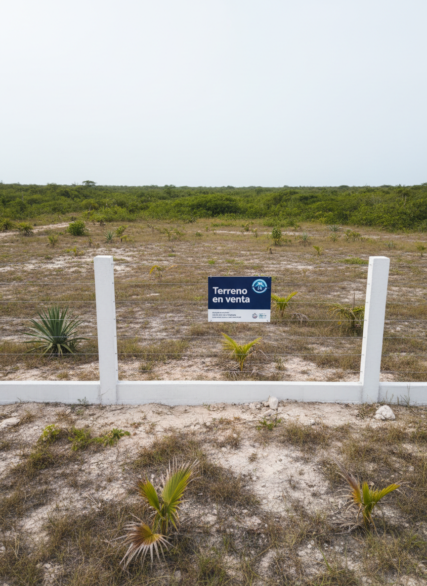 A serene, undeveloped lot in Quintana Roo framed by low native vegetation and a clear demarcation fence made of clean, white concrete posts connected by taut wire. The ground is mostly level, with compacted earth and patches of grass, and a small professional sign reads "Terreno en venta" with a logo in the corner, placed near the front boundary. Overhead, a bright but slightly overcast sky provides soft, diffused light, eliminating harsh shadows and revealing ground texture and lot depth. Photographic realism, shot from a slightly elevated front angle to show both width and depth, conveying potential, transparency, and legal clarity in land acquisition.