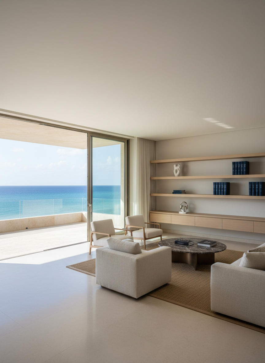 An elegant interior of a high-end apartment living room in Quintana Roo, featuring large sliding glass doors opening to a terrace with a glimpse of turquoise sea. The space has neutral-toned walls, polished light porcelain floors, and a minimalist built-in shelving unit with a few tasteful decorative objects, but no personal items. Afternoon natural light floods the room, creating soft highlights on the smooth floor and subtle shadows along the walls. Photographic realism, shot from a slightly elevated corner to capture depth and spaciousness, with a calm, professional atmosphere that suggests legal clarity, order, and investment potential for discerning buyers and foreign investors.
